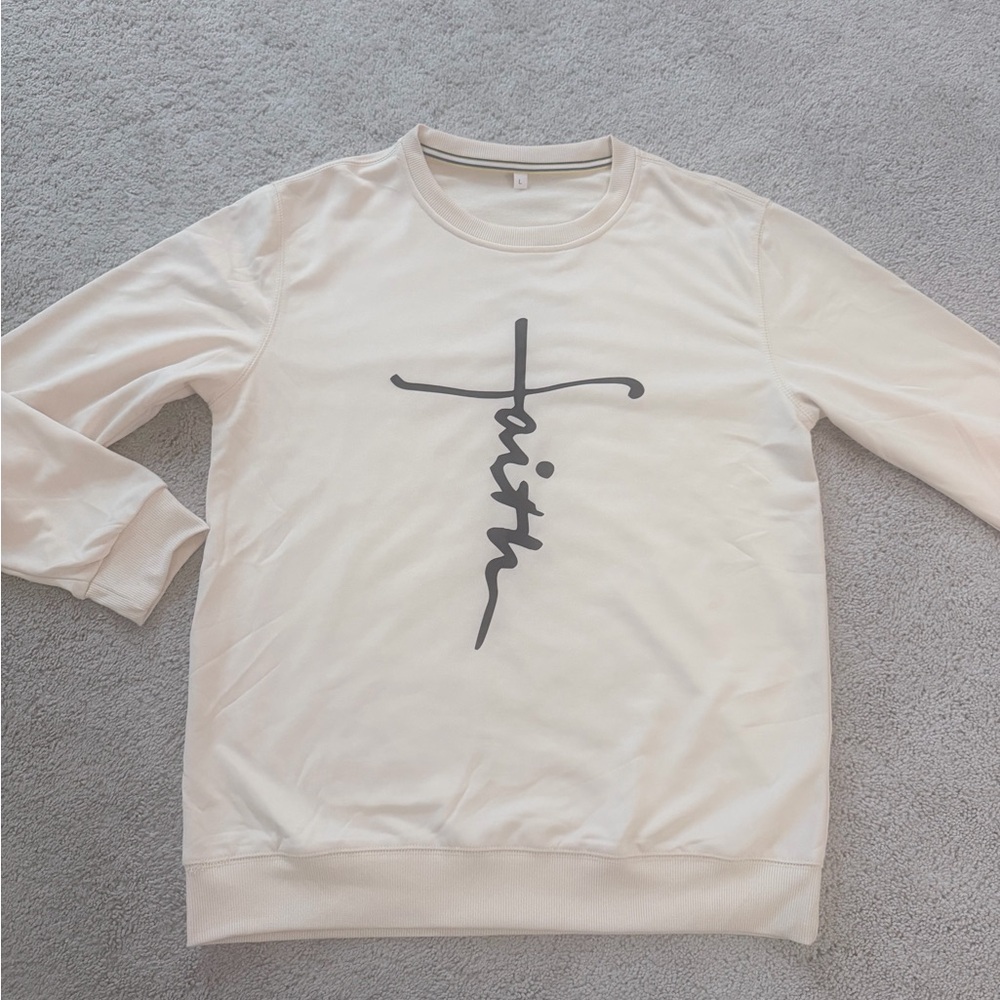 Cream Crewneck Sweater with Faith quote